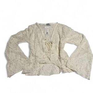 Jon Anna Lace Kimono Style Wrap Blouse Cream Bell Sleeve Tie Front Size L
